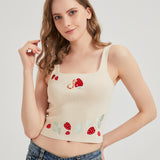 Chibi Strawberry Snake Embroidered Sweater-Knit Crop Tank Top