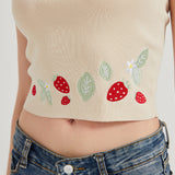 Chibi Strawberry Snake Embroidered Sweater-Knit Crop Tank Top
