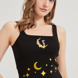 Chibi Moon Snake Embroidered Sweater-Knit Crop Tank Top