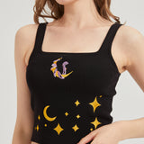Chibi Moon Snake Embroidered Sweater-Knit Crop Tank Top