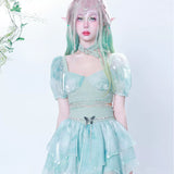 Turquoise Elves Self-tie Sash Waist Puff Sleeves Cropped Top Skirt