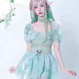 Turquoise Elves Self-tie Sash Waist Puff Sleeves Cropped Top Skirt