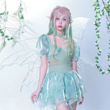 Turquoise Elves Self-tie Sash Waist Puff Sleeves Cropped Top Skirt