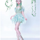 Turquoise Elves Self-tie Sash Waist Puff Sleeves Cropped Top Skirt