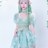Turquoise Elves Self-tie Sash Waist Puff Sleeves Cropped Top Skirt