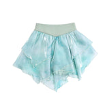 Turquoise Elves Self-tie Sash Waist Puff Sleeves Cropped Top Skirt