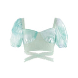 Turquoise Elves Self-tie Sash Waist Puff Sleeves Cropped Top Skirt