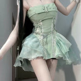 Turquoise Elves Buckle Lace-up Waist Spaghetti Straps Dress