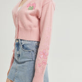 Sakura Frog CROPPED Embroidered Knit Cardigan Nichesou