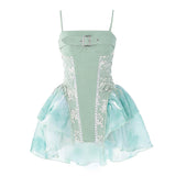 Turquoise Elves Buckle Lace-up Waist Spaghetti Straps Dress