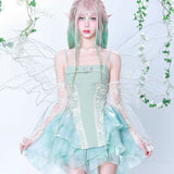 Turquoise Elves Buckle Lace-up Waist Spaghetti Straps Dress