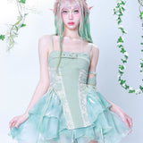 Turquoise Elves Buckle Lace-up Waist Spaghetti Straps Dress