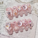 Crystal Pink Fairy Moon Handmade Faux Nail Set