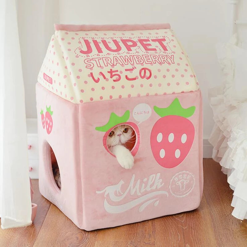 Strawberry Milk Carton Plush Cat House